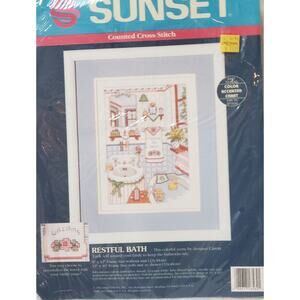 VTG 1992 Sunset Restful Bath #13562 Counted Cross Stitch Kit 9"x12" NOS